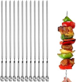 12PCS Kabob Skewers Flat Metal BBQ Barbecue Skewer 14" Long Stainless Steel Shish Kebob Sticks Wide Reusable Grilling Skewers Set for Meat Shrimp (Color: Hook 0.2x14inch)