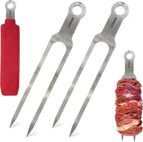 Double Skewers 14.4" Stainless Steel Heavy Duty Double Prong Skewers for BBQ Kabob Shawarma Meat Fish Chicken Accessories for Grill Master Arsena (Color: Silver and red)
